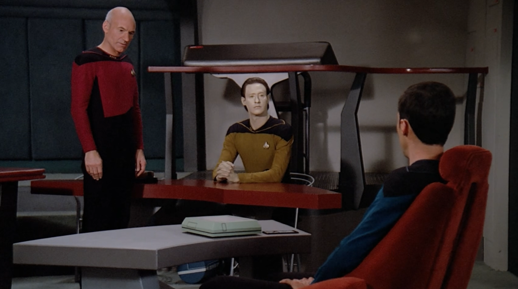 A dramatic courtroom scene from Star Trek: The Next Generation